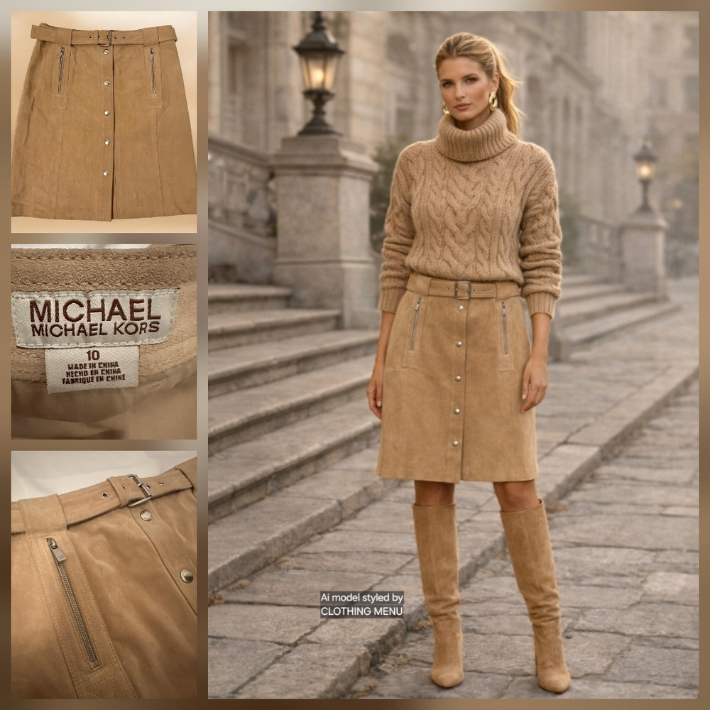 MICHAEL KORS Leather Skirt Knee Length in Cream | Size: 10 - Picture 2 of 16